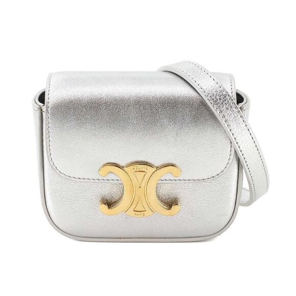 CELINE Triomphe Claude Mini Shoulder Bag Leather Silver - Picture 1 of 11